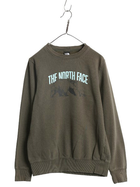 ノースフェイス プリント スウェット メンズ S 古着 アウトドア トレーナー 裏起毛 ベア イラスト グラフィック クルーネック 薄手 カーキ