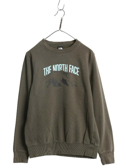 ノースフェイス プリント スウェット メンズ S 古着 アウトドア トレーナー 裏起毛 ベア イラスト グラフィック クルーネック 薄手 カーキ