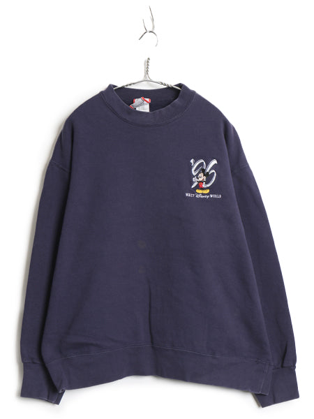 90s USA製 ミッキー 刺繍 スウェット メンズ レディース L / 古着 オールド ディズニー トレーナー 裏起毛 キャラクター ヘビーウェイト 紺