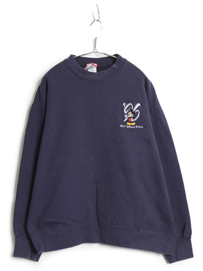 90s USA製 ミッキー 刺繍 スウェット メンズ レディース L / 古着 オールド ディズニー トレーナー 裏起毛 キャラクター ヘビーウェイト 紺