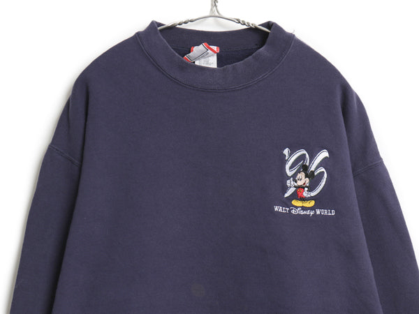 90s USA製 ミッキー 刺繍 スウェット メンズ レディース L / 古着 オールド ディズニー トレーナー 裏起毛 キャラクター ヘビーウェイト 紺