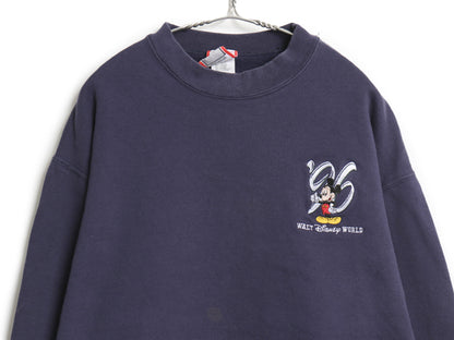 90s USA製 ミッキー 刺繍 スウェット メンズ レディース L / 古着 オールド ディズニー トレーナー 裏起毛 キャラクター ヘビーウェイト 紺