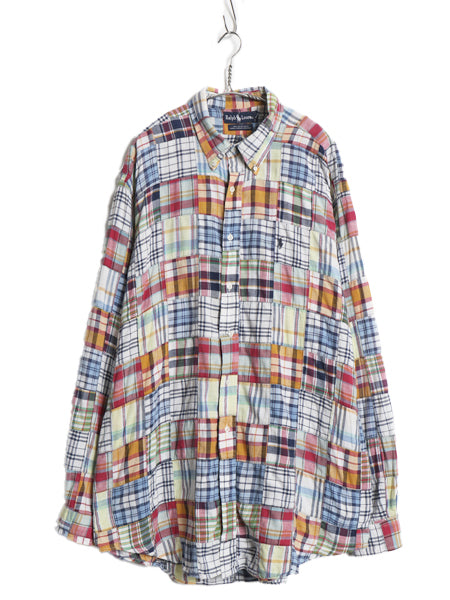 90s ラルフローレン 長袖 ボタンダウン シャツ メンズ XL / オールド インディアン マドラス チェック パッチワーク コットン 大きいサイズ