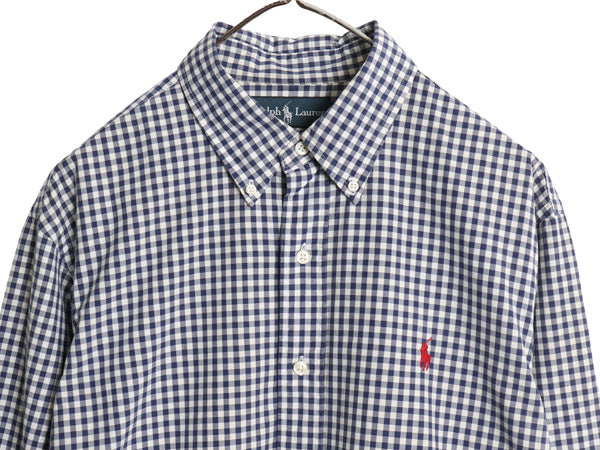 00s ラルフローレン ギンガム チェック 長袖 ボタンダウン シャツ メンズ L オールド ポロ CUSTOM FIT コットン ワンポイント ポニー 白 紺