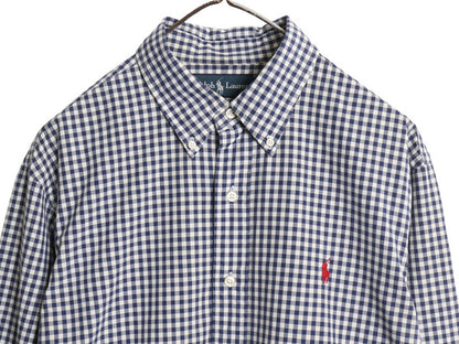 00s ラルフローレン ギンガム チェック 長袖 ボタンダウン シャツ メンズ L オールド ポロ CUSTOM FIT コットン ワンポイント ポニー 白 紺