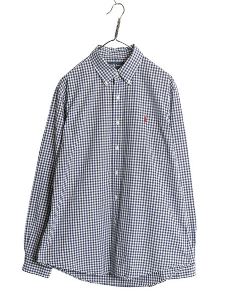 00s ラルフローレン ギンガム チェック 長袖 ボタンダウン シャツ メンズ L オールド ポロ CUSTOM FIT コットン ワンポイント ポニー 白 紺