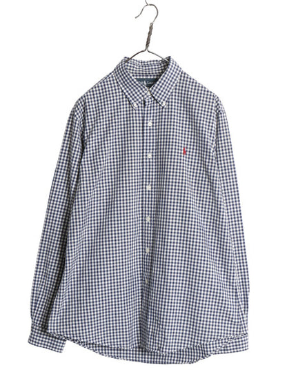 00s ラルフローレン ギンガム チェック 長袖 ボタンダウン シャツ メンズ L オールド ポロ CUSTOM FIT コットン ワンポイント ポニー 白 紺