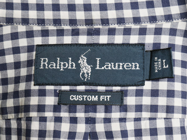 00s ラルフローレン ギンガム チェック 長袖 ボタンダウン シャツ メンズ L オールド ポロ CUSTOM FIT コットン ワンポイント ポニー 白 紺