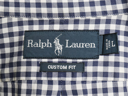 00s ラルフローレン ギンガム チェック 長袖 ボタンダウン シャツ メンズ L オールド ポロ CUSTOM FIT コットン ワンポイント ポニー 白 紺