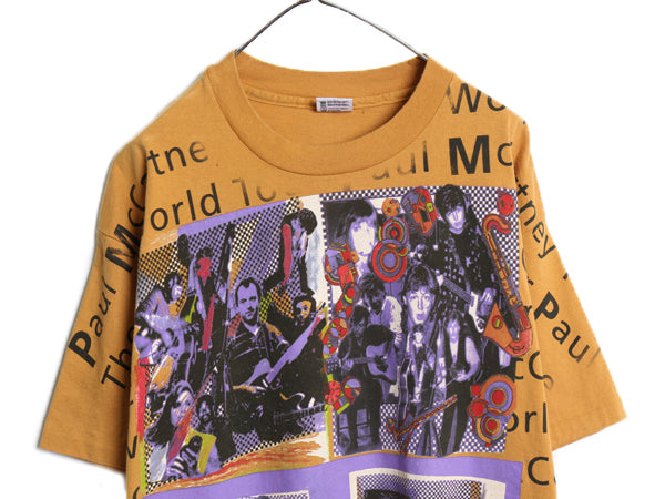 90s USA製 ★ ポールマッカートニー オールオーバー プリント Tシャツ メンズ XL 古着 オールド 当時物 ビートルズ バンド ロック 総柄 黄