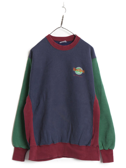 90s USA製 ハードロックカフェ 両面 刺繍 スウェット メンズ レディース L オールド トレーナー 裏起毛 企業物 リバース タイプ クレイジー