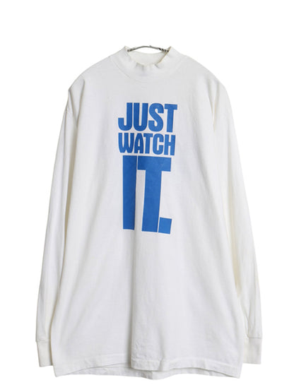 90s USA製 両面 プリント 長袖 Tシャツ メンズ L オールド ロンT スポーツ モックネック ヘビーウェイト シングルステッチ 企業 当時物 白