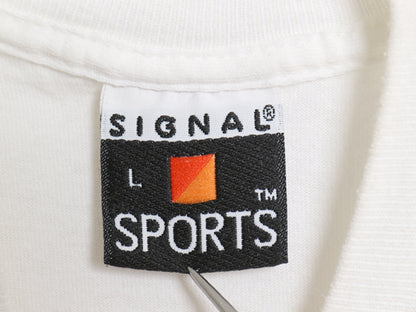90s USA製 両面 プリント 長袖 Tシャツ メンズ L オールド ロンT スポーツ モックネック ヘビーウェイト シングルステッチ 企業 当時物 白