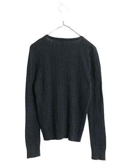 00s ローレン ラルフローレン ケーブル ニット セーター レディース M 古着 オールド ポロ コットン Vネック 無地 薄手 トップス ブラック