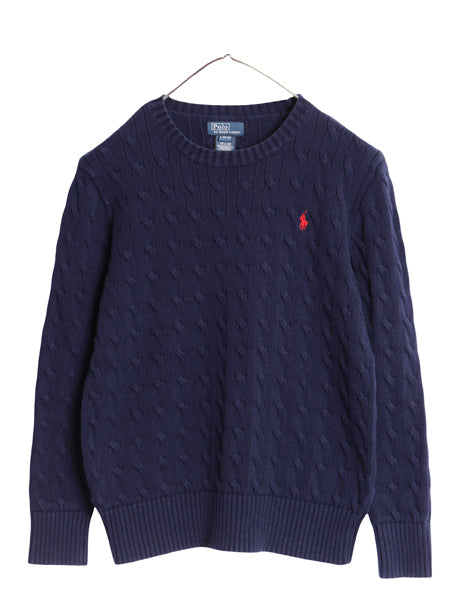 00s ポロ ラルフローレン コットン ケーブル ニット セーター キッズ L メンズ XS レディース S / オールド クルーネック ワンポイント 紺