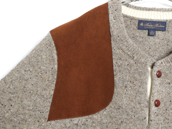 ブルックスブラザーズ ヘンリーネック ニット セーター メンズ L / メリノ ウール ショルダーパッチ ハンティング シューティング ネップ