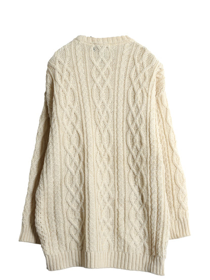 アイルランド製 フィッシャーマン ウール ニット セーター メンズ レディース L 古着 アラン ケーブル ローゲージ 長袖ニット ナチュラル