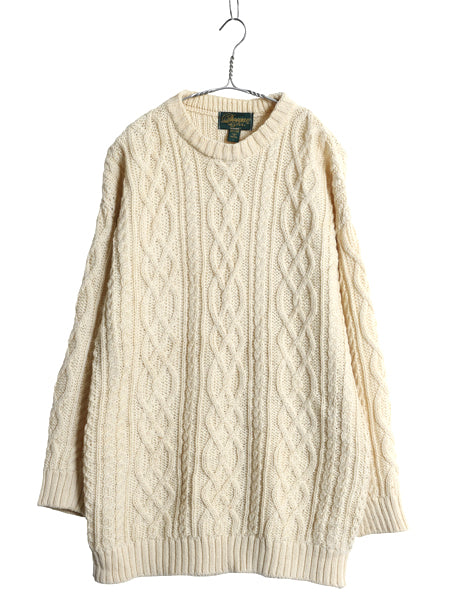 アイルランド製 フィッシャーマン ウール ニット セーター メンズ レディース L 古着 アラン ケーブル ローゲージ 長袖ニット ナチュラル
