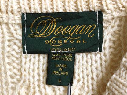 アイルランド製 フィッシャーマン ウール ニット セーター メンズ レディース L 古着 アラン ケーブル ローゲージ 長袖ニット ナチュラル