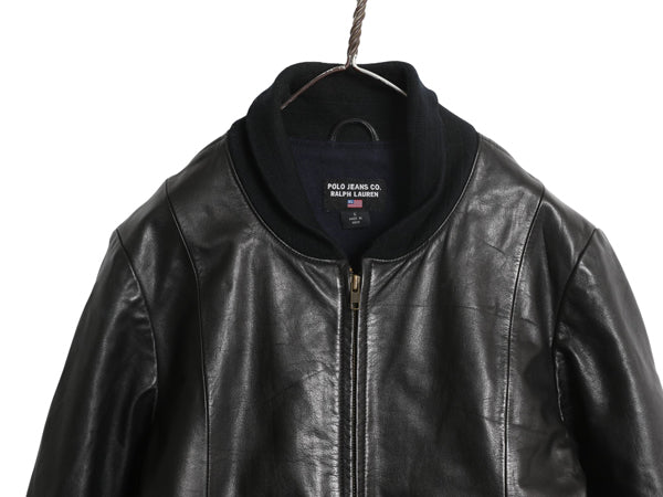 ポロジーンズ ラルフローレン ショールカラー 本革 レザー ジャケット レディース L メンズ M 革ジャン ファラオ ハーフ コート タイプ 黒