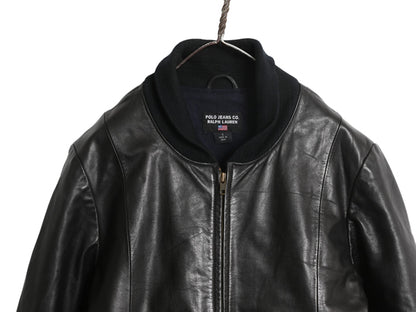 ポロジーンズ ラルフローレン ショールカラー 本革 レザー ジャケット レディース L メンズ M 革ジャン ファラオ ハーフ コート タイプ 黒