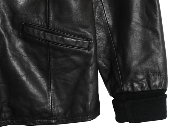 ポロジーンズ ラルフローレン ショールカラー 本革 レザー ジャケット レディース L メンズ M 革ジャン ファラオ ハーフ コート タイプ 黒