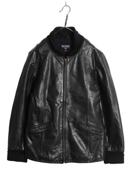 ポロジーンズ ラルフローレン ショールカラー 本革 レザー ジャケット レディース L メンズ M 革ジャン ファラオ ハーフ コート タイプ 黒