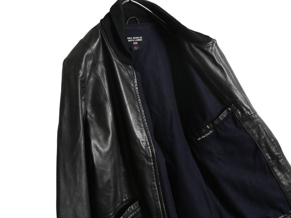 ポロジーンズ ラルフローレン ショールカラー 本革 レザー ジャケット レディース L メンズ M 革ジャン ファラオ ハーフ コート タイプ 黒