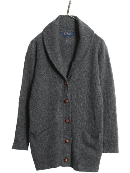 ポロ ラルフローレン ショールカラー ニット カーディガン レディース M / 高級 100% カシミヤ セーター 前開き 羽織り 無地 ロング グレー