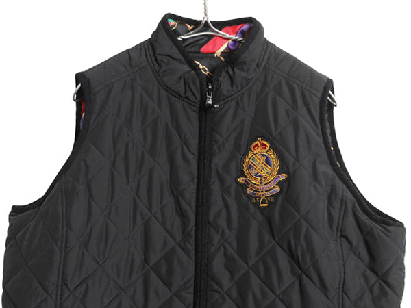 00s ローレン ラルフローレン リバーシブル 中綿 キルティング ベスト レディース XL / オールド ポロ ビット 馬具 総柄 黒 大きいサイズ