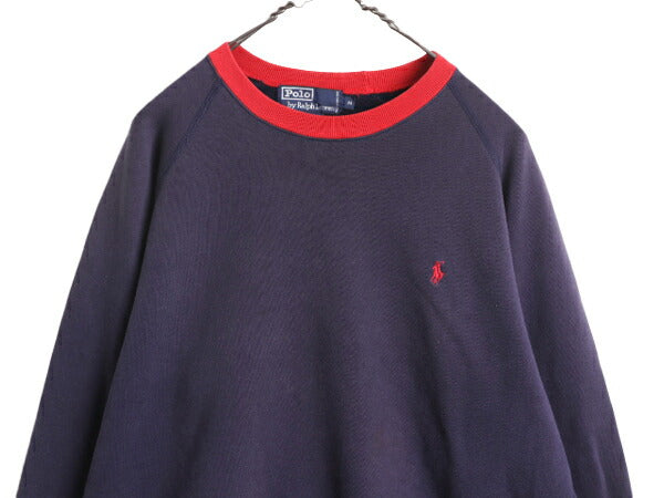 90s ポロ ラルフローレ ワンポイント スウェット メンズ M 古着 90年代 オールド 裏起毛 ヘビーウェイト リンガー 2トーン トレーナー 紺