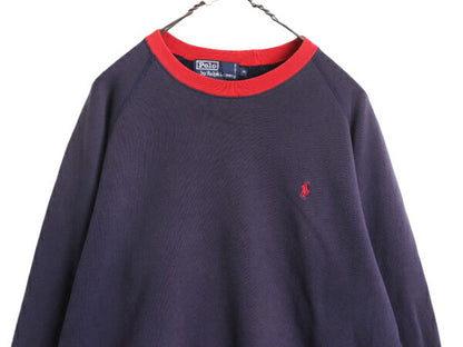 90s ポロ ラルフローレ ワンポイント スウェット メンズ M 古着 90年代 オールド 裏起毛 ヘビーウェイト リンガー 2トーン トレーナー 紺