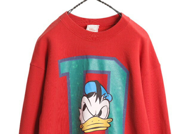 90s ユーロ ディズニー オフィシャル ドナルドダック プリント スウェット メンズ レディース L 程 オールド トレーナー ミッキー 友達 赤