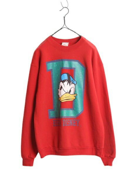 90s ユーロ ディズニー オフィシャル ドナルドダック プリント スウェット メンズ レディース L 程 オールド トレーナー ミッキー 友達 赤