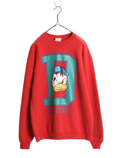 90s ユーロ ディズニー オフィシャル ドナルドダック プリント スウェット メンズ レディース L 程 オールド トレーナー ミッキー 友達 赤