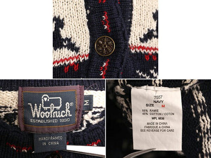 90s ウールリッチ ニット カーディガン レディース M 古着 オールド 旧タグ Woolrich 前開き コットン ラミー セーター 総柄 ノルディック