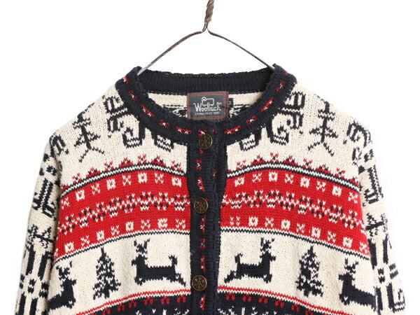 90s ウールリッチ ニット カーディガン レディース M 古着 オールド 旧タグ Woolrich 前開き コットン ラミー セーター 総柄 ノルディック