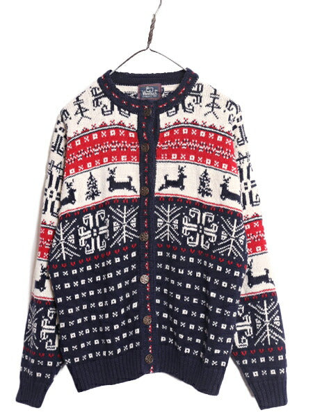 90s ウールリッチ ニット カーディガン レディース M 古着 オールド 旧タグ Woolrich 前開き コットン ラミー セーター 総柄 ノルディック