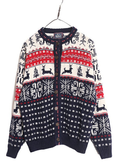 90s ウールリッチ ニット カーディガン レディース M 古着 オールド 旧タグ Woolrich 前開き コットン ラミー セーター 総柄 ノルディック