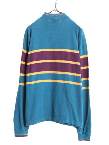 90s USA製 ランズエンド ボーダー 長袖 Tシャツ レディース L 古着 オールド LANDS END ハイネック ラガーシャツ ヘビーウェイト コットン