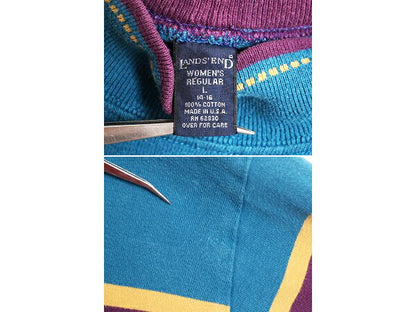 90s USA製 ランズエンド ボーダー 長袖 Tシャツ レディース L 古着 オールド LANDS END ハイネック ラガーシャツ ヘビーウェイト コットン