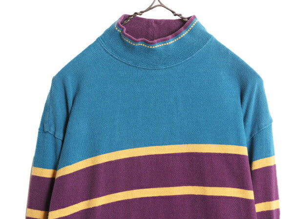 90s USA製 ランズエンド ボーダー 長袖 Tシャツ レディース L 古着 オールド LANDS END ハイネック ラガーシャツ ヘビーウェイト コットン