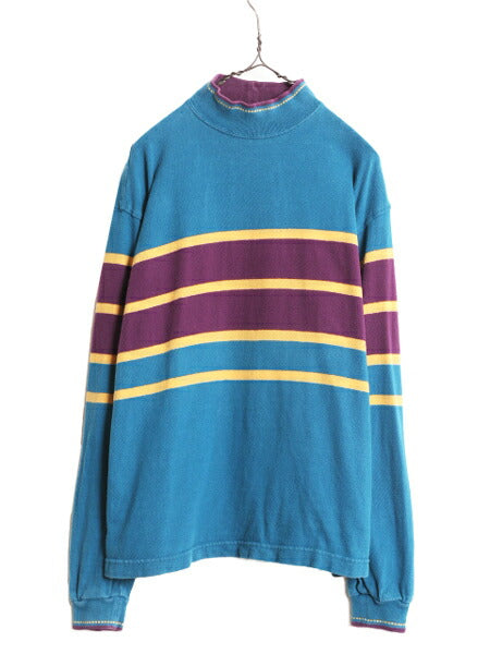 90s USA製 ランズエンド ボーダー 長袖 Tシャツ レディース L 古着 オールド LANDS END ハイネック ラガーシャツ ヘビーウェイト コットン