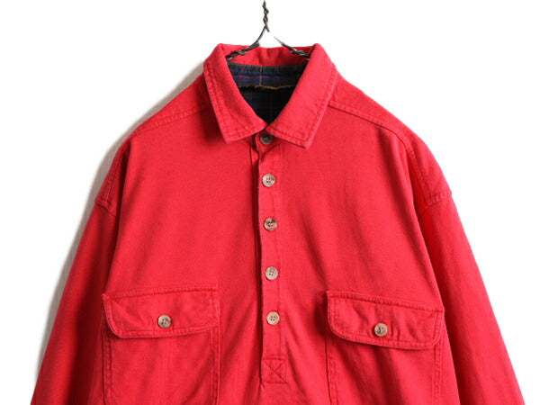 80s ■ エディバウアー プルオーバー 長袖 シャツ ( メンズ L ) 古着 80年代 ビンテージ EDDIE BAUER 黒タグ ヘビーウェイト ボックス 赤