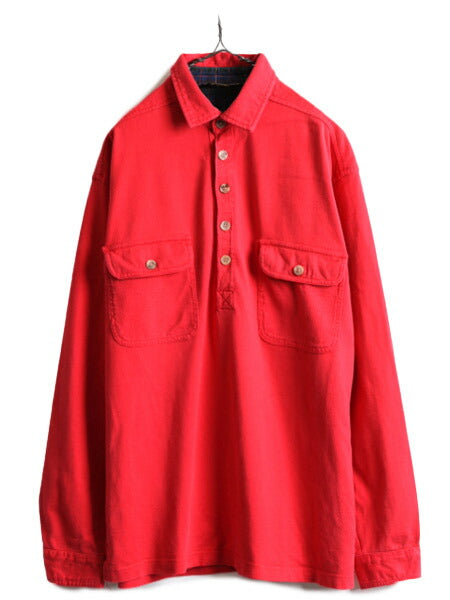 80s ■ エディバウアー プルオーバー 長袖 シャツ ( メンズ L ) 古着 80年代 ビンテージ EDDIE BAUER 黒タグ ヘビーウェイト ボックス 赤