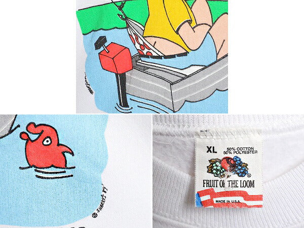 80s USA製 ジョーク イラスト プリント スウェット メンズ XL 小さめ L 程 80年代 ヴィンテージ アート フィッシング トレーナー 裏起毛 白