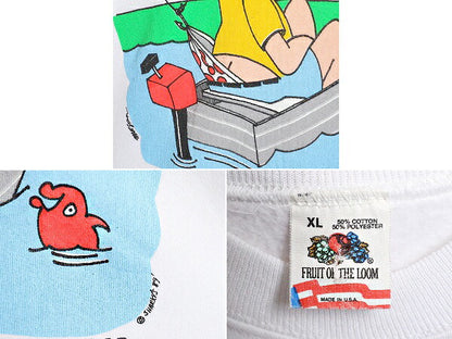 80s USA製 ジョーク イラスト プリント スウェット メンズ XL 小さめ L 程 80年代 ヴィンテージ アート フィッシング トレーナー 裏起毛 白