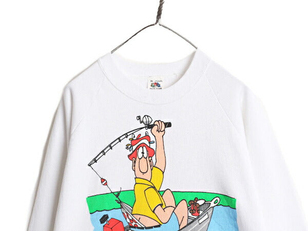 80s USA製 ジョーク イラスト プリント スウェット メンズ XL 小さめ L 程 80年代 ヴィンテージ アート フィッシング トレーナー 裏起毛 白