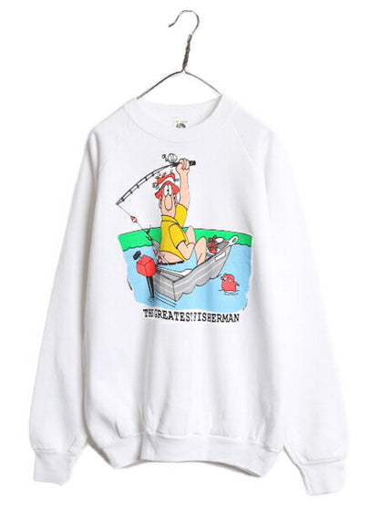 80s USA製 ジョーク イラスト プリント スウェット メンズ XL 小さめ L 程 80年代 ヴィンテージ アート フィッシング トレーナー 裏起毛 白