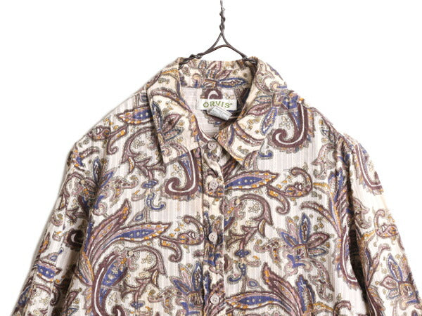 00s オービス 総柄 長袖 シャツ レディース S 古着 00年代 オールド ORVIS コットン 総柄シャツ ボタニカル 花柄 ペイズリー 薄手 透け感